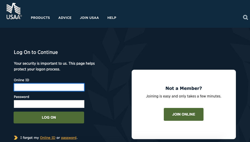 USAA Login screen